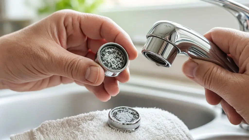 Hands holding a removed faucet aerator with white mineral deposits on its screen, next to a kitchen faucet