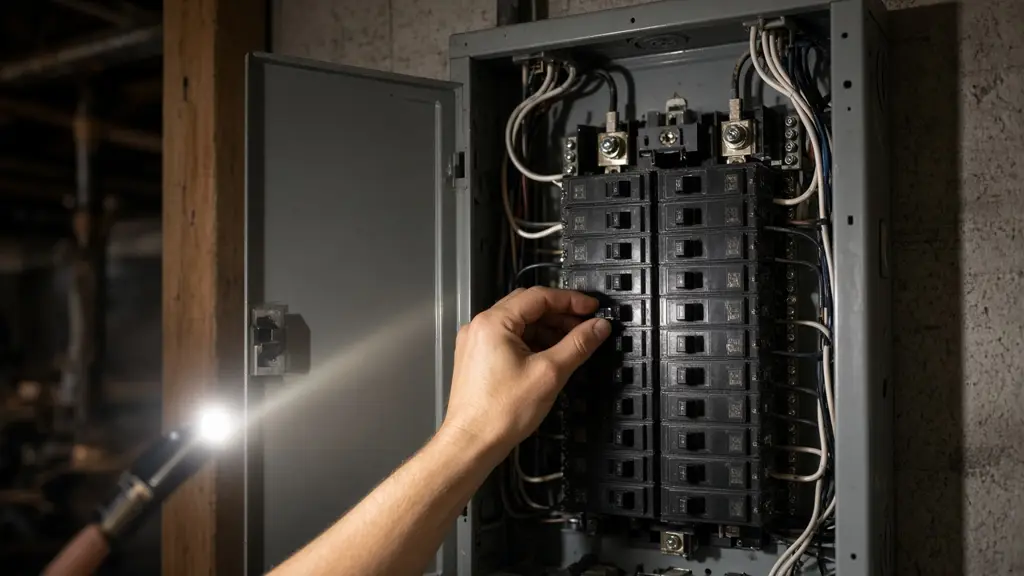 Hand reaching toward a circuit breaker in an open residential electrical panel lit by a flashlight