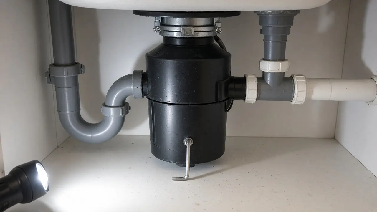 Garbage disposal under a sink with an Allen wrench in the bottom socket