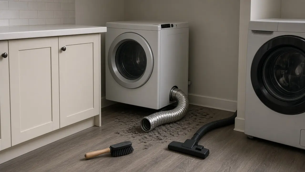 Dryer pulled from the wall with a disconnected metal vent duct, brush and vacuum hose