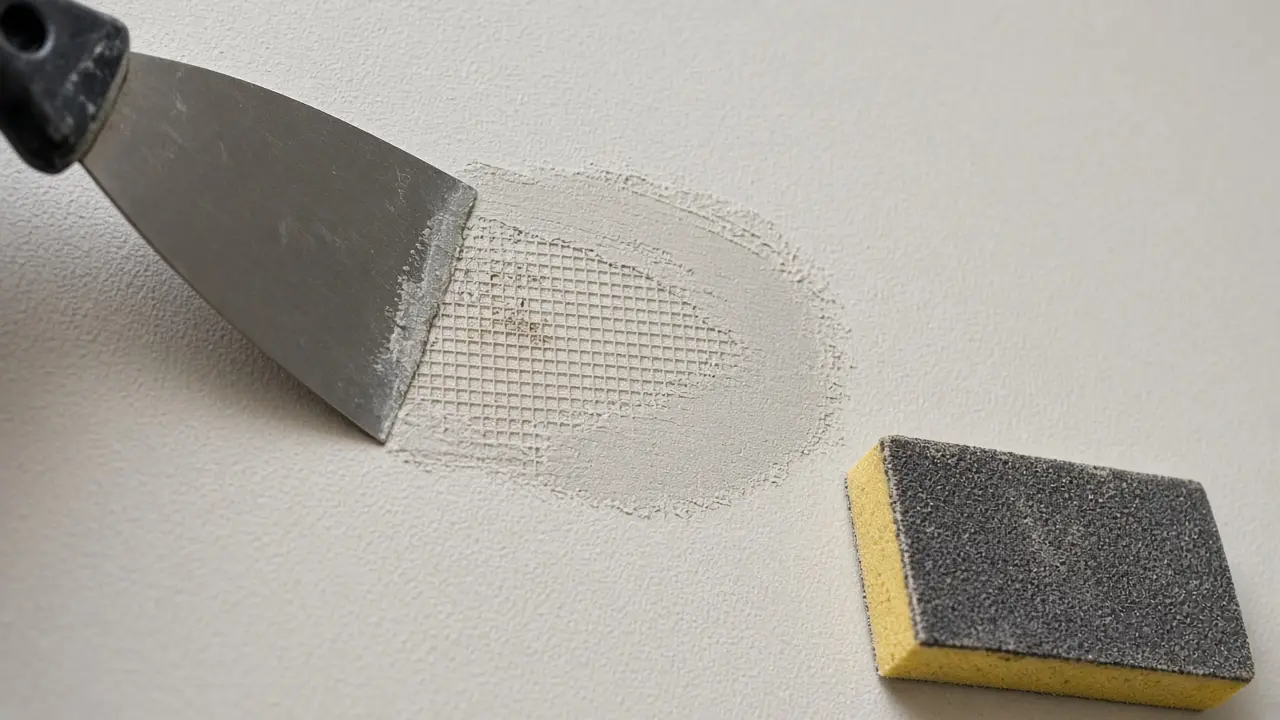 Putty knife spreading joint compound over a mesh patch on a drywall hole