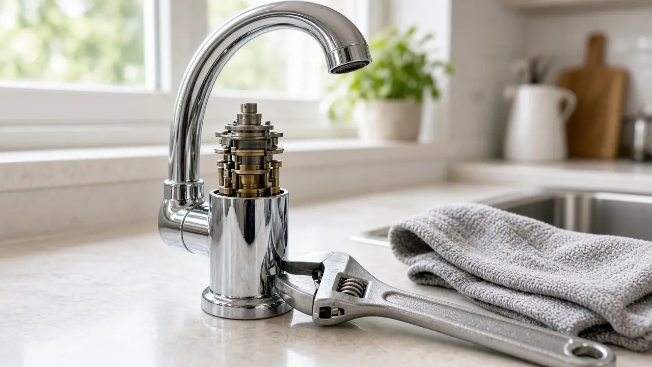 Chrome faucet with handle removed exposing the cartridge, with a wrench and towel