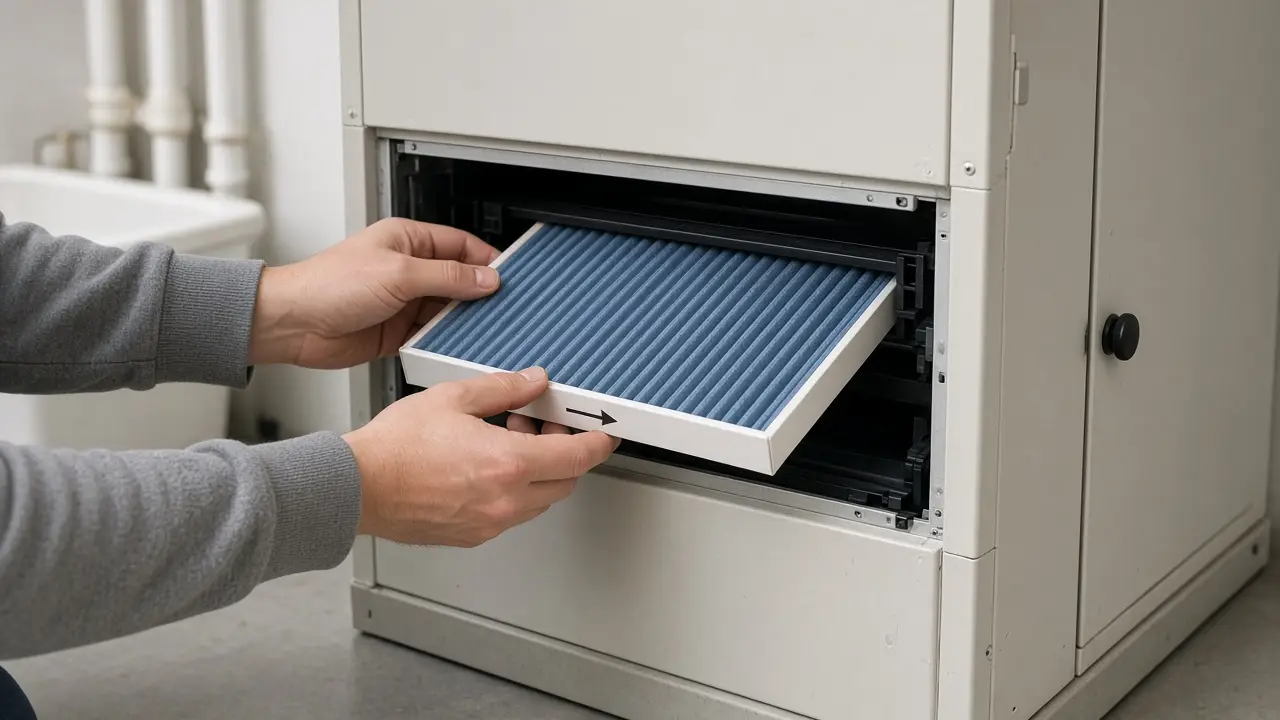 Hands sliding a new pleated filter into a furnace filter slot