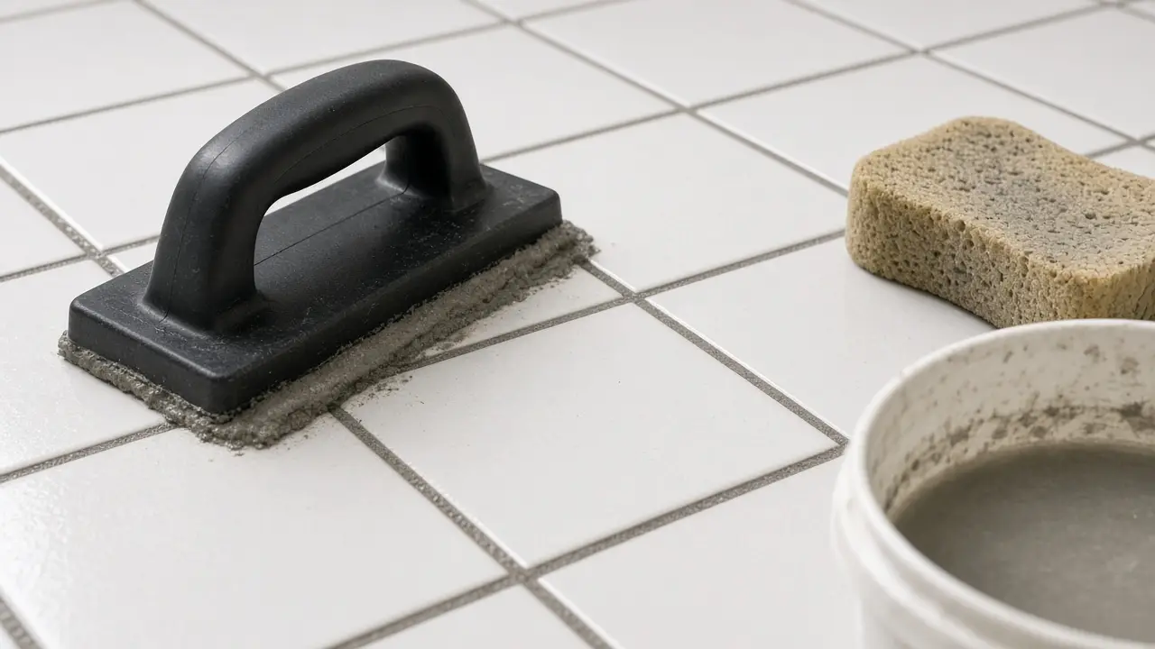 Rubber grout float pressing gray grout into white tile joints with sponge and bucket