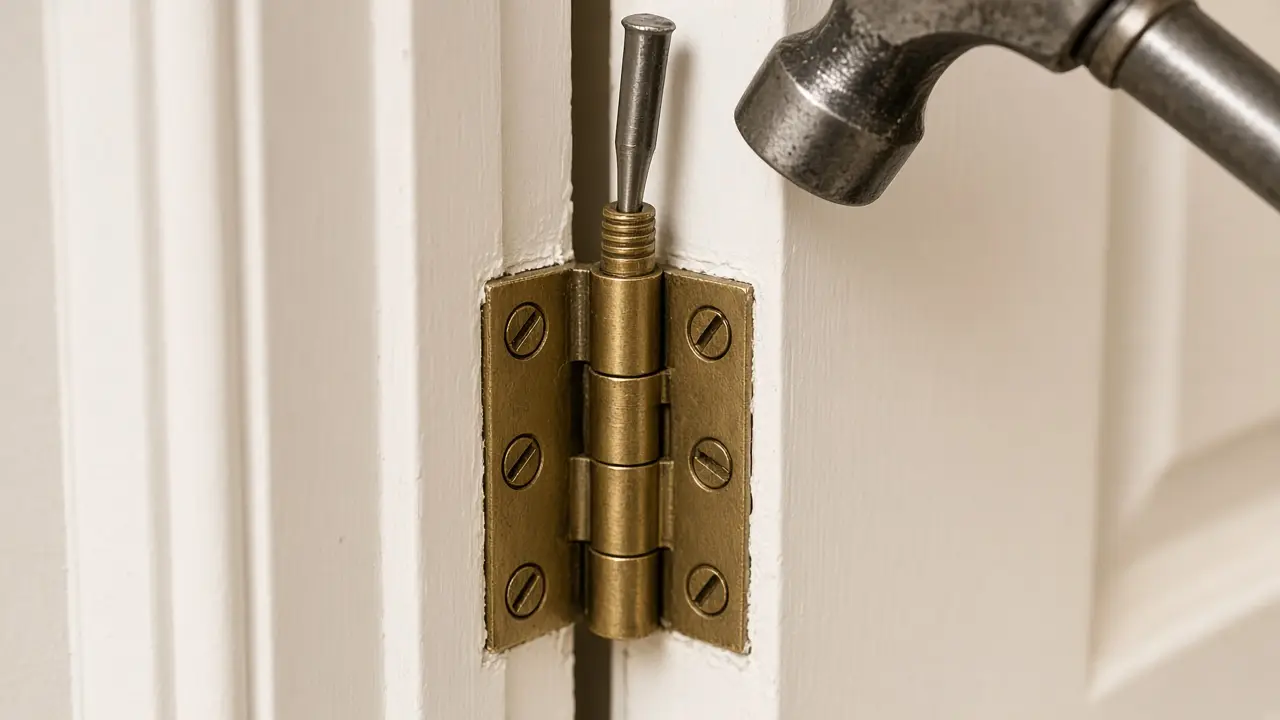 Brass door hinge with the pin being tapped upward using a nail set and hammer