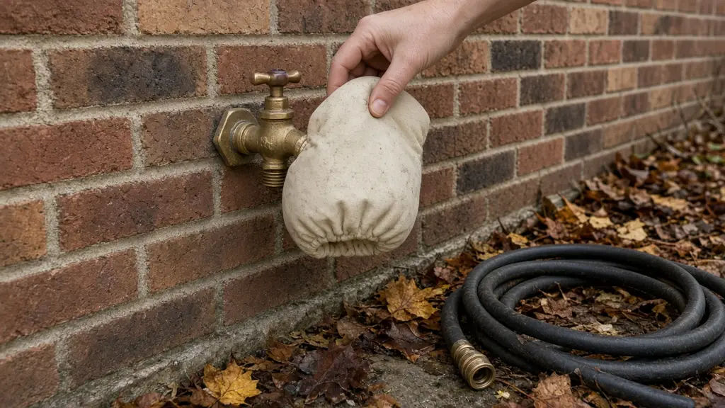 Outdoor brass hose bib on a brick wall with an insulated faucet cover being fitted, a garden hose coiled on fallen leaves