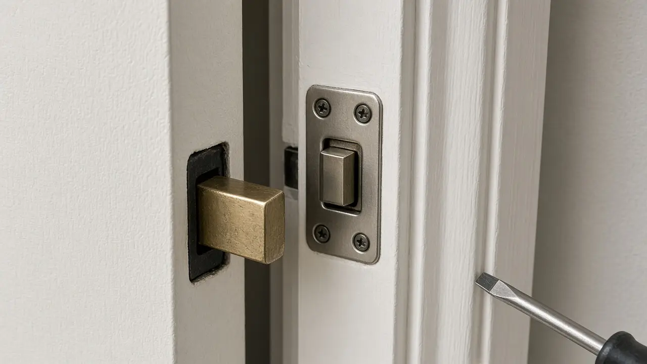Close-up of a door latch bolt and strike plate on a door frame with a screwdriver