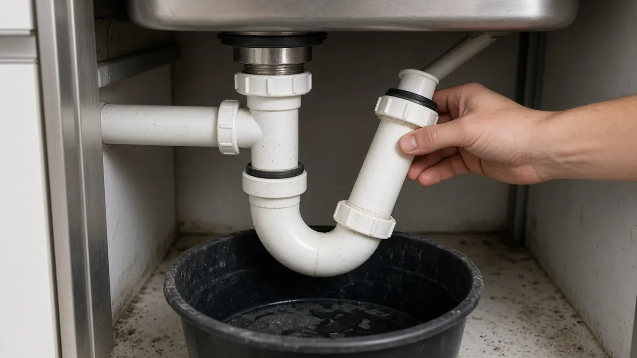Hand removing a white plastic P-trap under a kitchen sink over a bucket