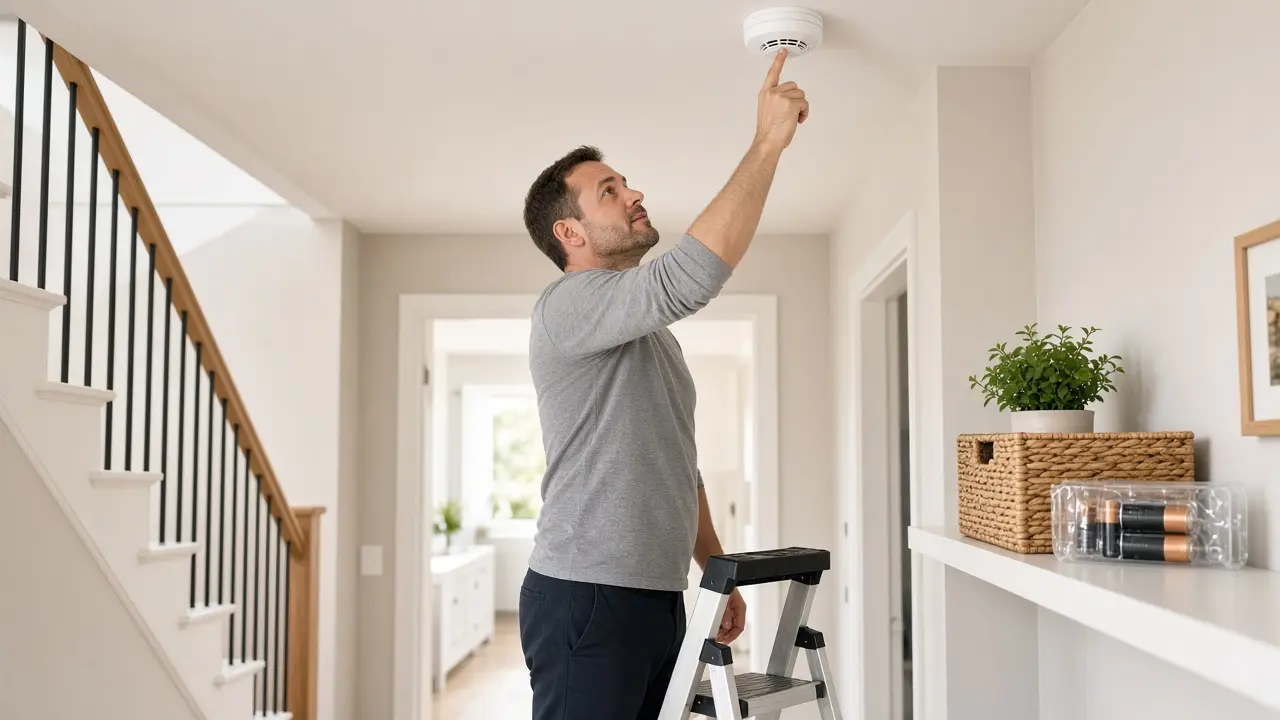 Man standing on a small step ladder in a bright hallway pressing the test button on a white ceiling smoke alarm, with fresh batteries on a shelf