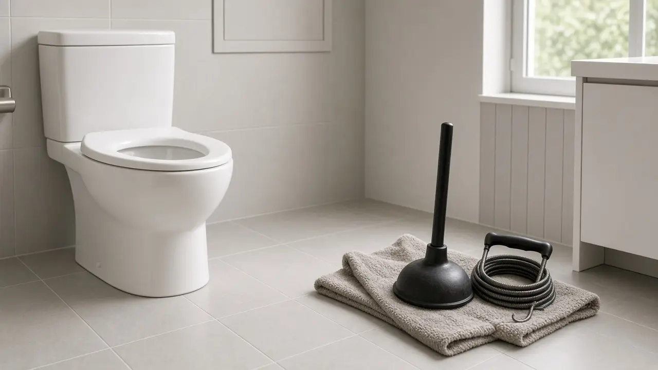 White two-piece toilet in a bright bathroom with a black flange plunger and a coiled toilet auger resting on a towel beside it
